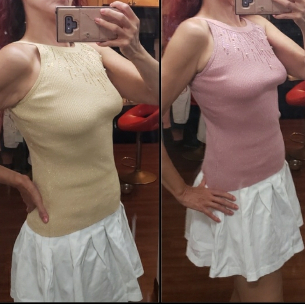 Vtg Caché LOT OF 2 Gold & Pink Lurex Cotton Rib Knit Sequins Tank Top M
